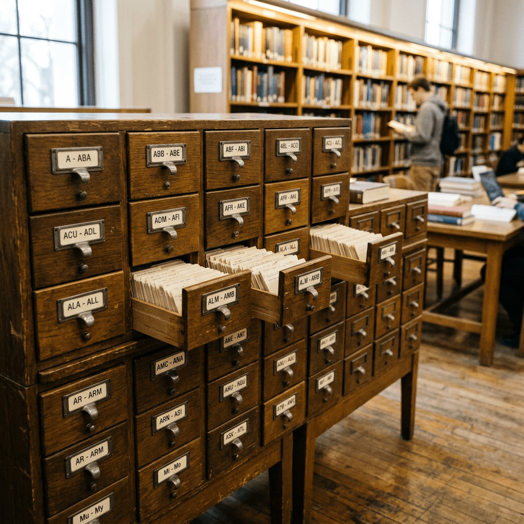 Wooden library card catalog drawers with index cards in a library setting